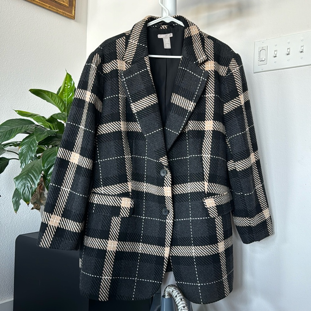 H&M Plaid Check Blazer Jacket/Coat Sz XXL Black Beige